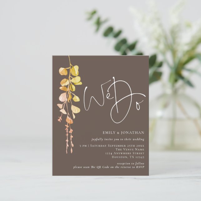 Budget QR Eucalyptus Earthy We Do Wedding Invitati (Debout devant)