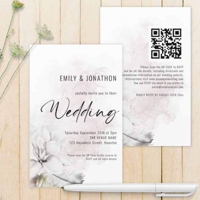 Budget QR White Watercolor Florals Invitation de m (Créateur téléchargé)