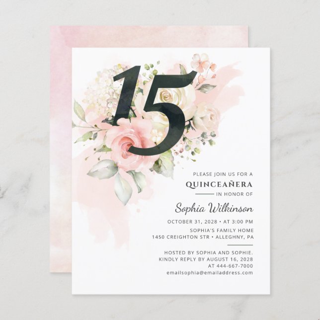 Budget Quinceanera 15e anniversaire Invitation flo (Devant / Derrière)