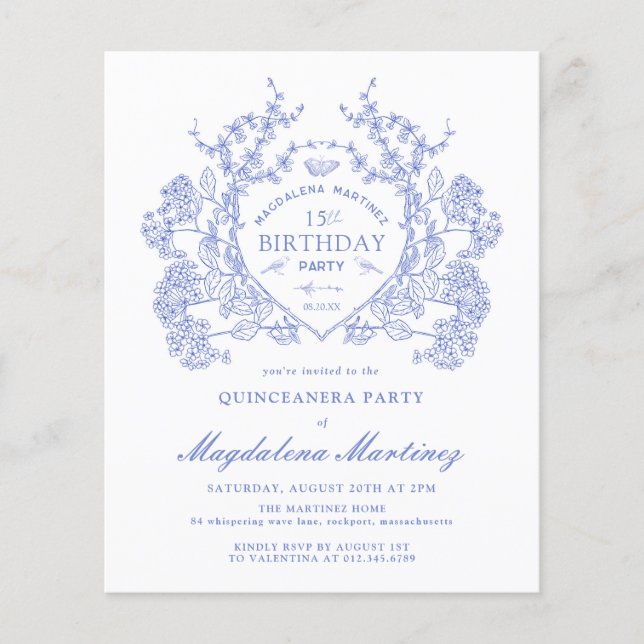 BUDGET Quinceanera Anniversaire Bleu Floral Crest (Devant)