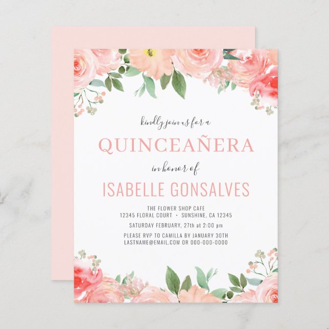 Budget QUINCEAÑERA Anniversaire Coral Peach Invita (Devant / Derrière)