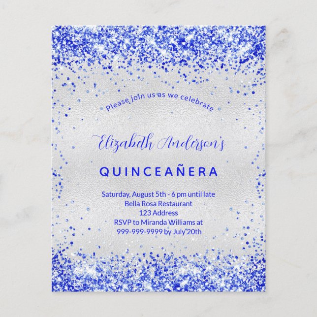 Budget Quinceanera argent royal bleu invitation (Devant)