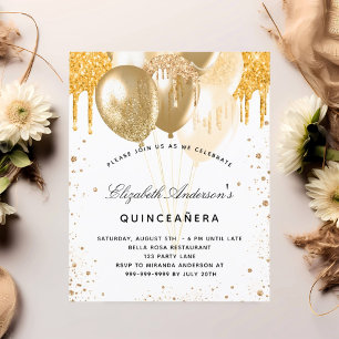 Budget Quinceanera blanc or bulles invitation