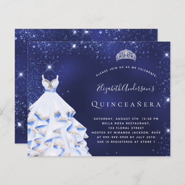 Budget Quinceanera bleu argent tiara invitation (Devant / Derrière)