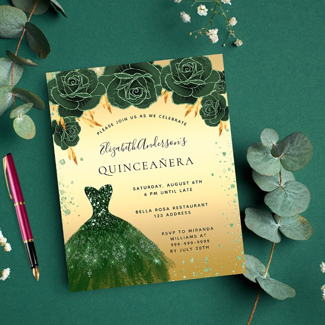 Budget Quinceanera émeraude vert or robe florale (Créateur téléchargé)