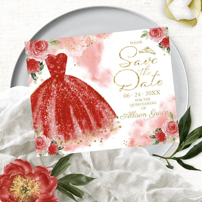 Budget Quinceanera Enregistrer La Date Red Gown (Créateur téléchargé)