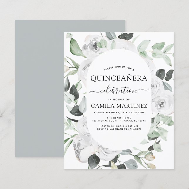 Budget Quinceañera Eucalyptus Floral Invitation (Devant / Derrière)