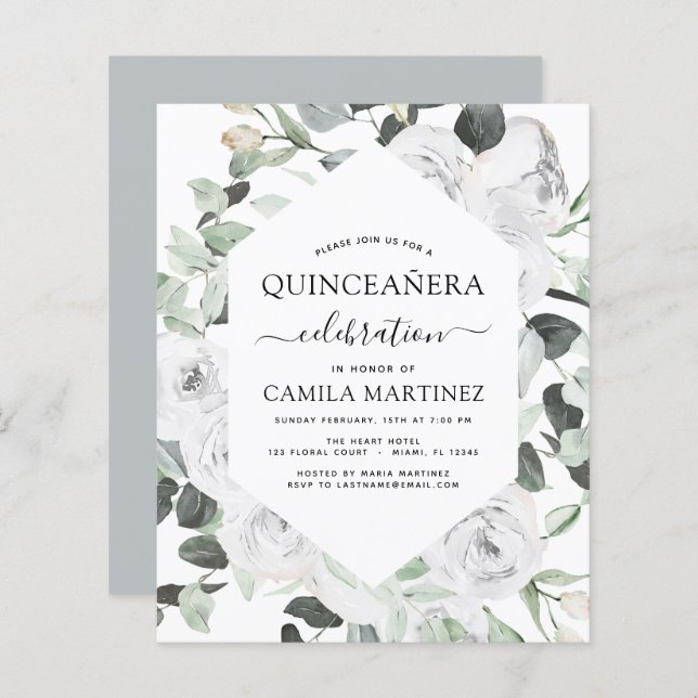 Budget Quinceañera Eucalyptus Floral Roses Blanche (Devant / Derrière)