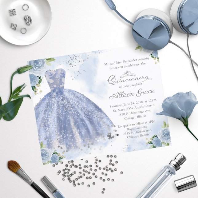 Budget Quinceanera Invitation Argent Blue Gown (Créateur téléchargé)