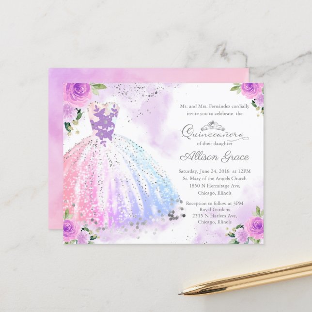 Budget Quinceanera Invitation Argent Colorful Gown (Devant/Arrière en situation)