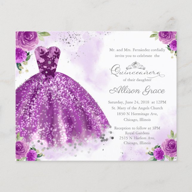 Budget Quinceanera Invitation Argent Purple Gown (Devant)