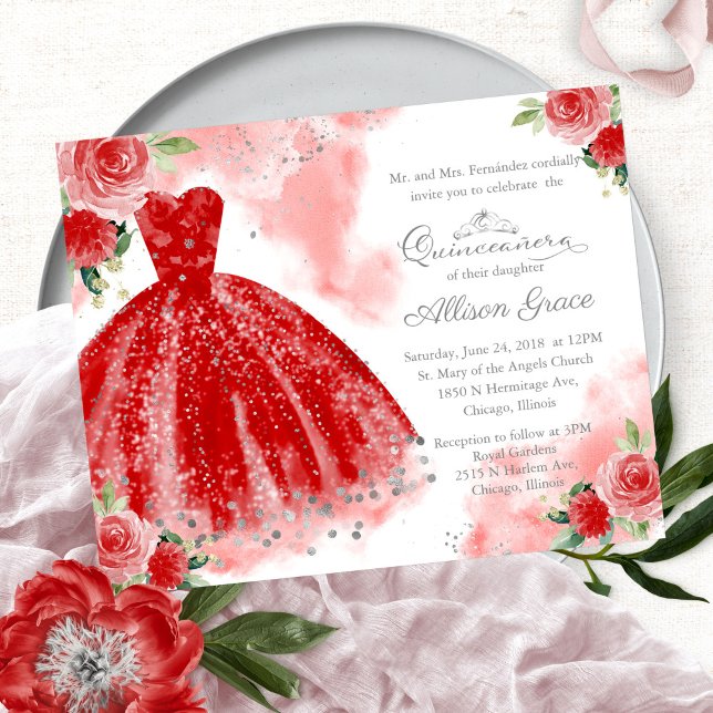 Budget Quinceanera Invitation Argent Red Gown (Créateur téléchargé)