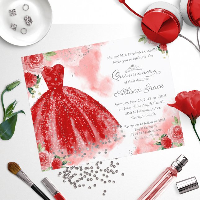 Budget Quinceanera Invitation Argent Red Gown (Créateur téléchargé)