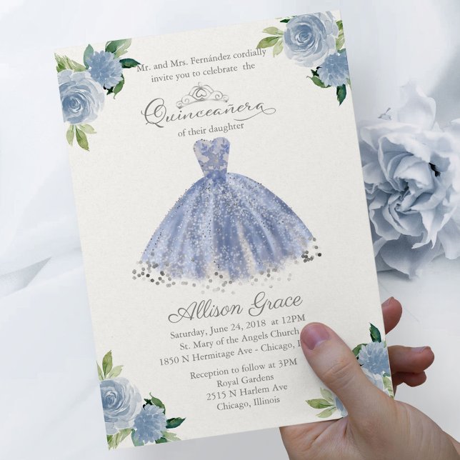 Budget Quinceanera Invitation Bilingue Blue Gown (Créateur téléchargé)