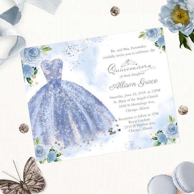 Budget Quinceanera Invitation Bilingue Blue Gown (Créateur téléchargé)