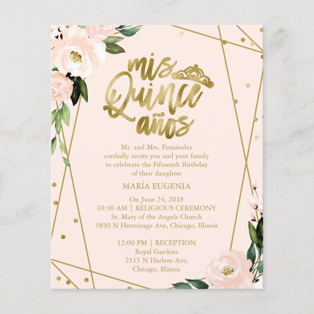 Budget Quinceanera Invitation Bilingue Blush Pink (Devant)