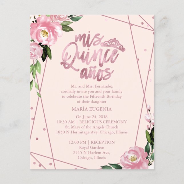 Budget Quinceanera Invitation Bilingue Blush Pink (Devant)