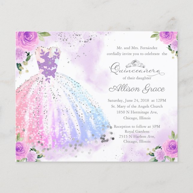 Budget Quinceanera Invitation Bilingue Colorée (Devant)