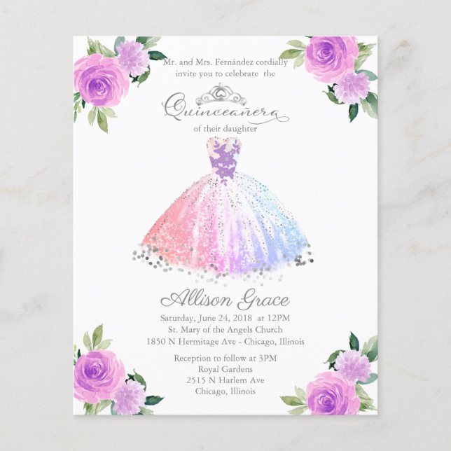 Budget Quinceanera Invitation Bilingue Colorée (Devant)