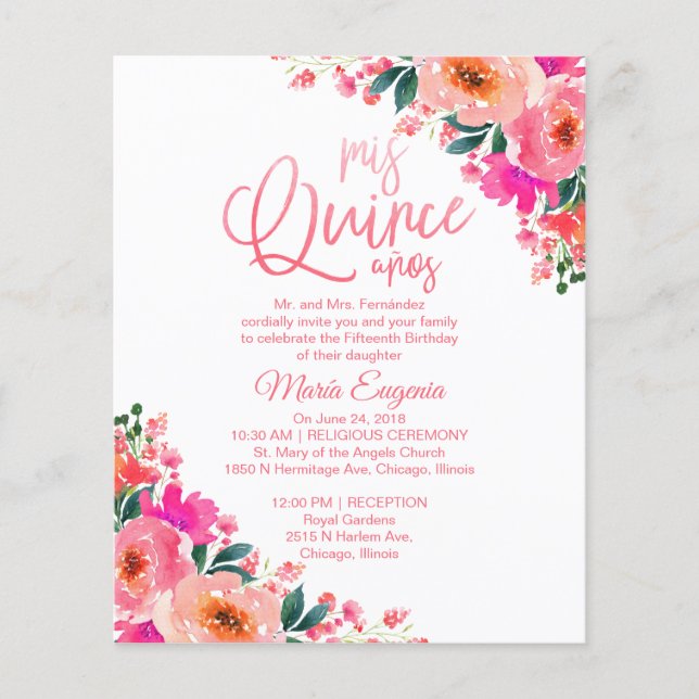 Budget Quinceanera Invitation Bilingue Floral (Devant)
