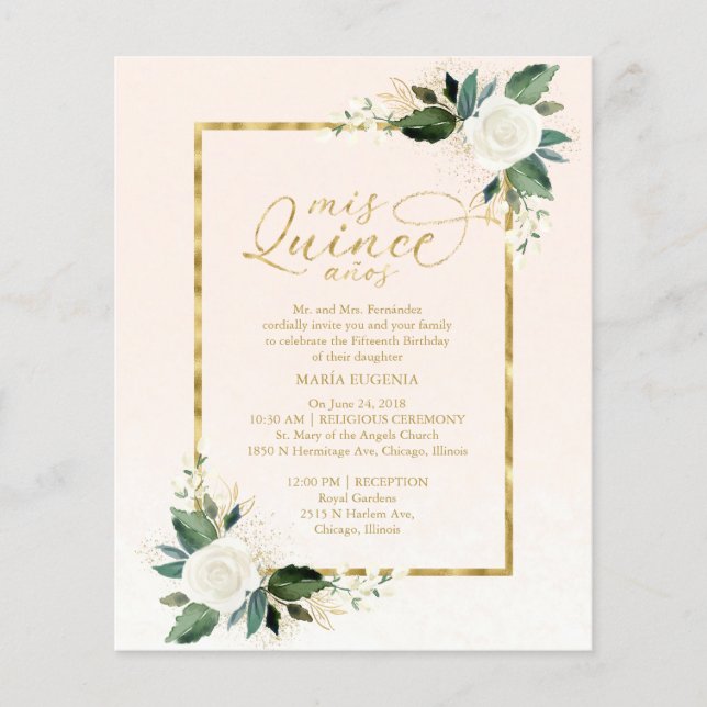 Budget Quinceanera Invitation Bilingue Or rose (Devant)