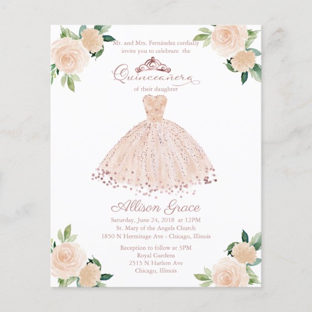 Budget Quinceanera Invitation Bilingue Pink Gown (Devant)