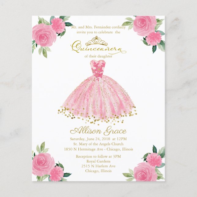 Budget Quinceanera Invitation Bilingue Pink Gown (Devant)