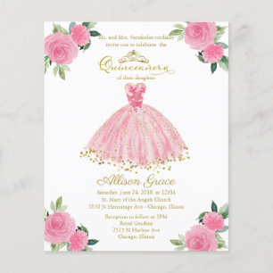 Budget Quinceanera Invitation Bilingue Pink Gown