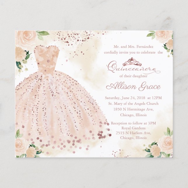 Budget Quinceanera Invitation Bilingue Pink Gown (Devant)