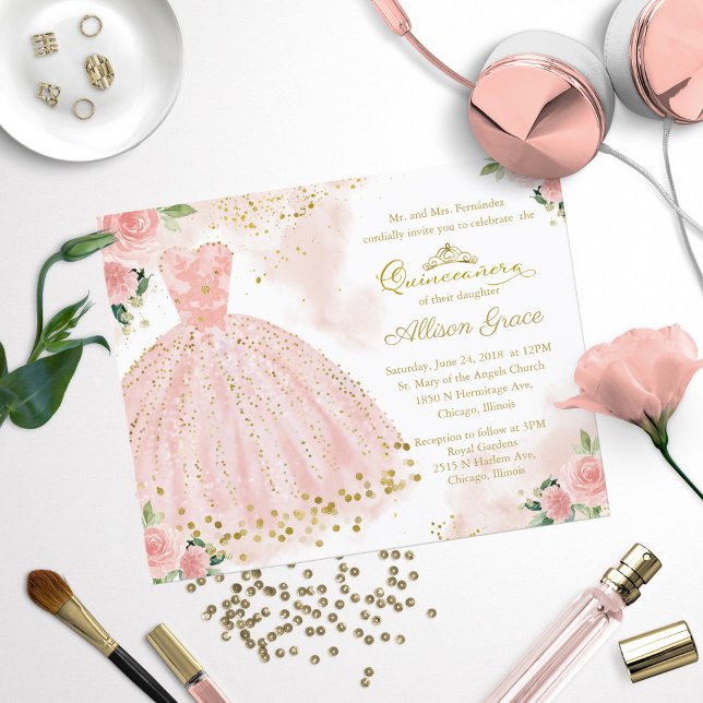 Budget Quinceanera Invitation Bilingue Pink Gown (Créateur téléchargé)