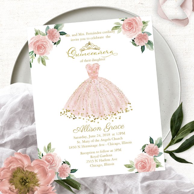 Budget Quinceanera Invitation Bilingue Pink Gown (Créateur téléchargé)