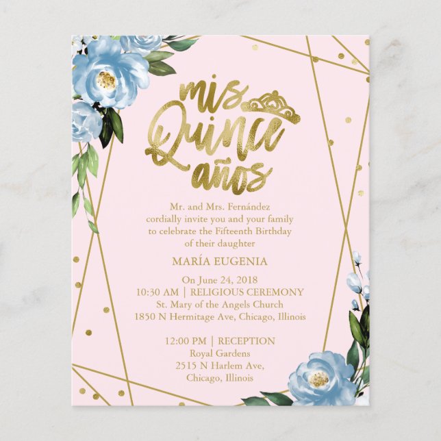 Budget Quinceanera Invitation Bilingue Rose Bleu (Devant)