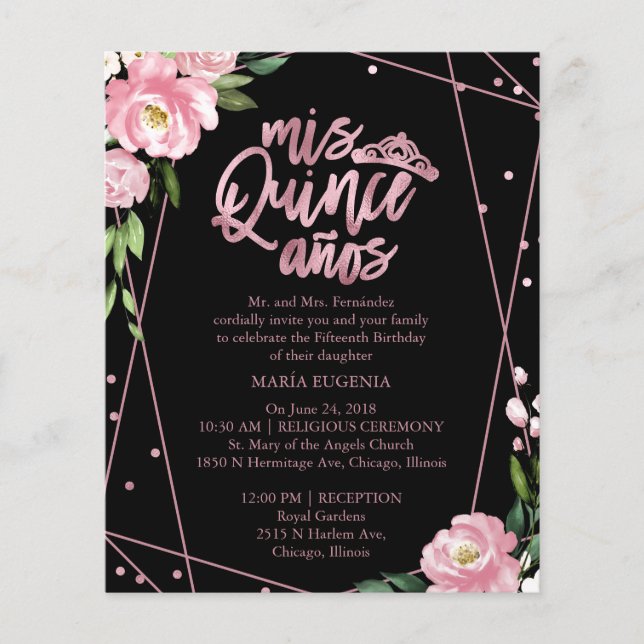 Budget Quinceanera Invitation Bilingue Rose Noir (Devant)