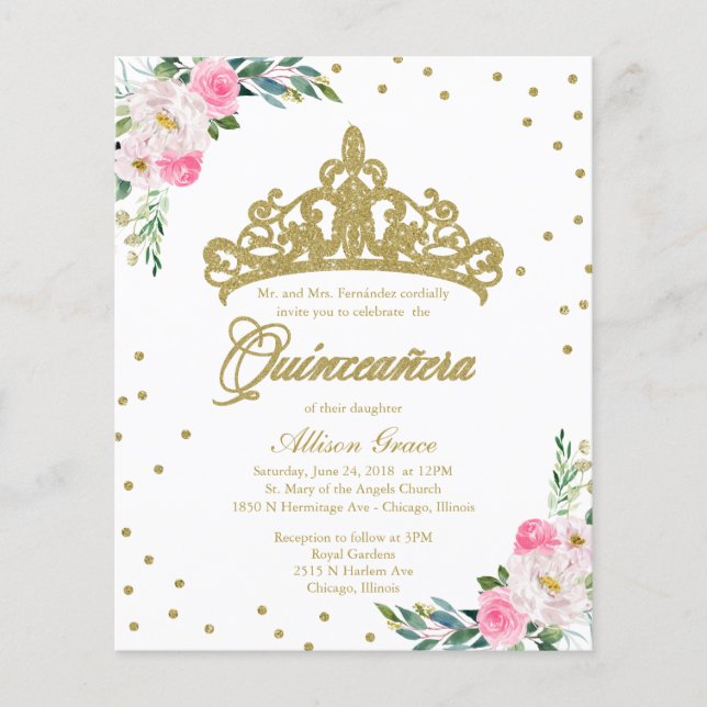 Budget Quinceanera Invitation Bilingue Tiara (Devant)