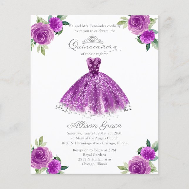 Budget Quinceanera Invitation Bilingue Violet (Devant)