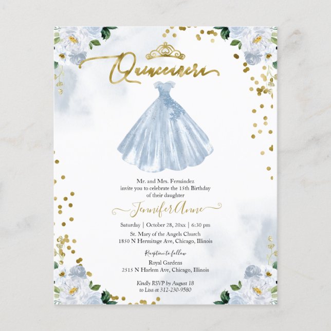 Budget Quinceanera Invitation Blue Floral Gown (Devant)