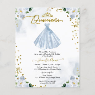 Budget Quinceanera Invitation Blue Floral Gown