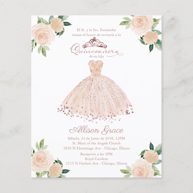 Budget Quinceanera Invitation Espagne Blush Gown (Devant)