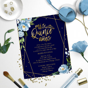 Budget Quinceanera Invitation Espagnol Bleu Floral