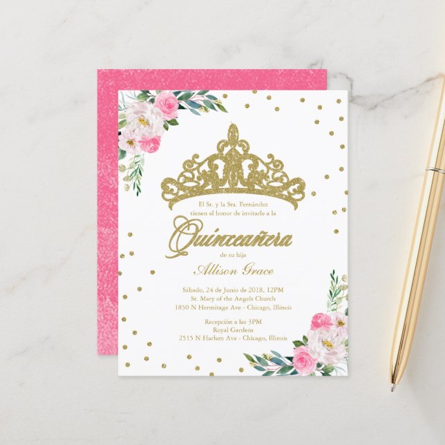 Budget Quinceanera Invitation Espagnol Gold Tiara (Devant/Arrière en situation)