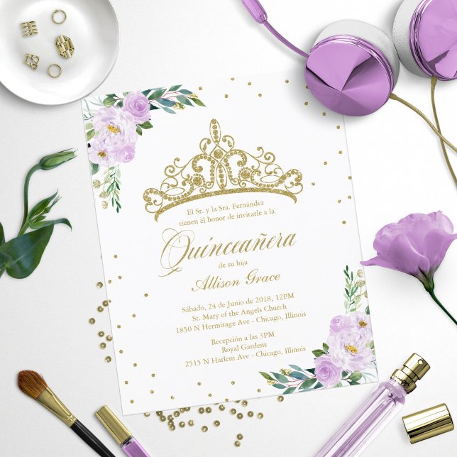 Budget Quinceanera Invitation Espagnol Gold Tiara (Créateur téléchargé)