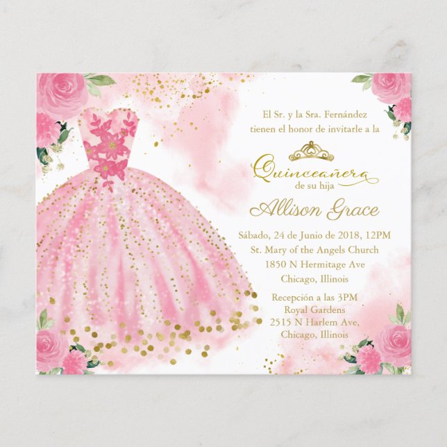 Budget Quinceanera Invitation Espagnol Hot rose (Devant)