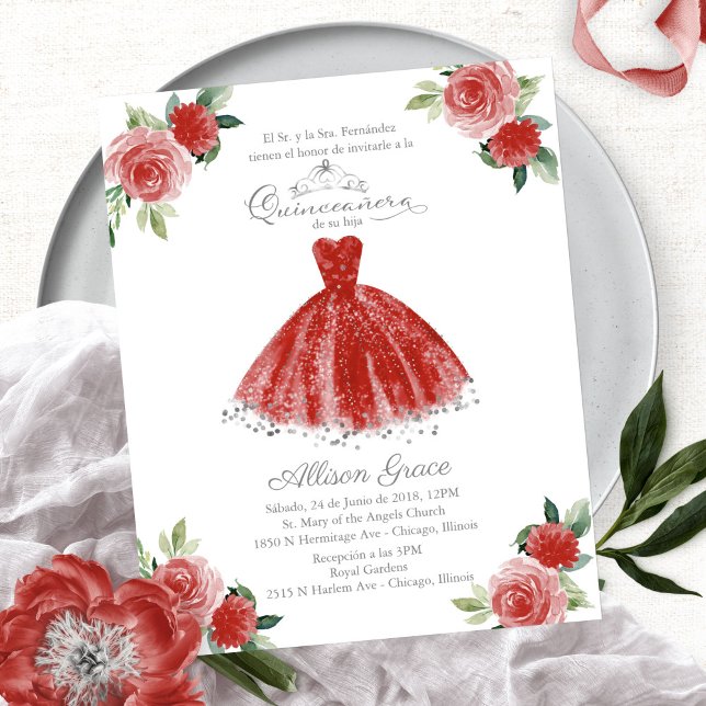 Budget Quinceanera Invitation Espagnol Red Gown (Créateur téléchargé)