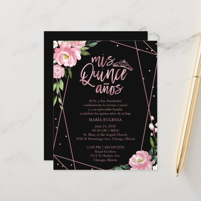 Budget Quinceanera Invitation Espagnol Rose Noir (Devant/Arrière en situation)