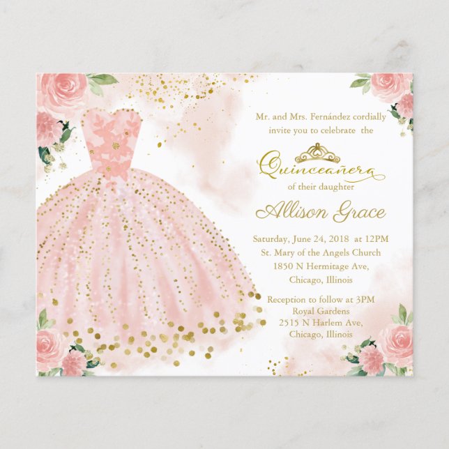 Budget Quinceanera Invitation Gold Blush Gown (Devant)