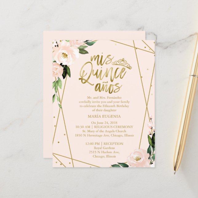 Budget Quinceanera Invitation Gold Foil Blush Rose (Devant/Arrière en situation)