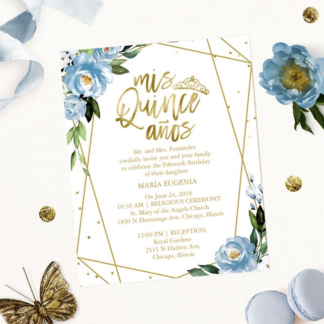 Budget Quinceanera Invitation Gold Foil Dusty Blue (Créateur téléchargé)