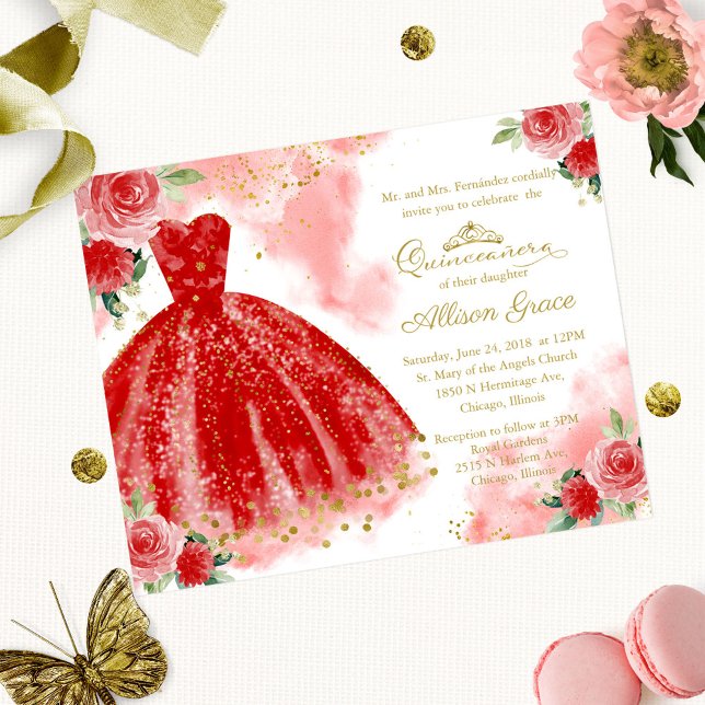 Budget Quinceanera Invitation Gold Red Gown (Créateur téléchargé)
