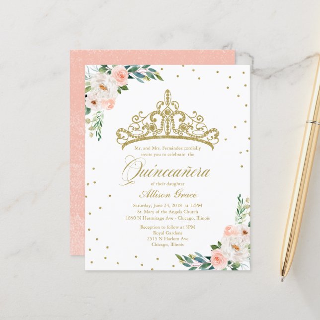 Budget Quinceanera Invitation Gold Tiara (Devant/Arrière en situation)