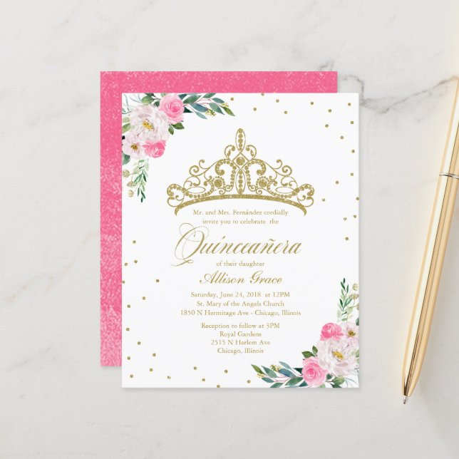 Budget Quinceanera Invitation Gold Tiara (Devant/Arrière en situation)